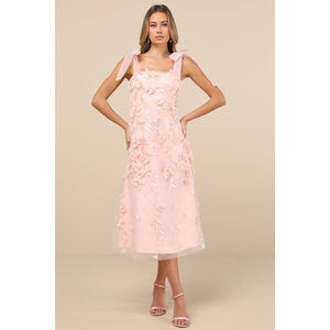 Lulus Effortlessly Sweet Blush Tulle 3d Floral Tie-strap Midi Dress Pink